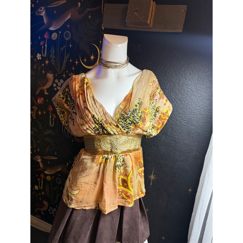 Lucy Paris Mixed Print Pleated V-Neck Blouse with Gold Braided Waist Band Large